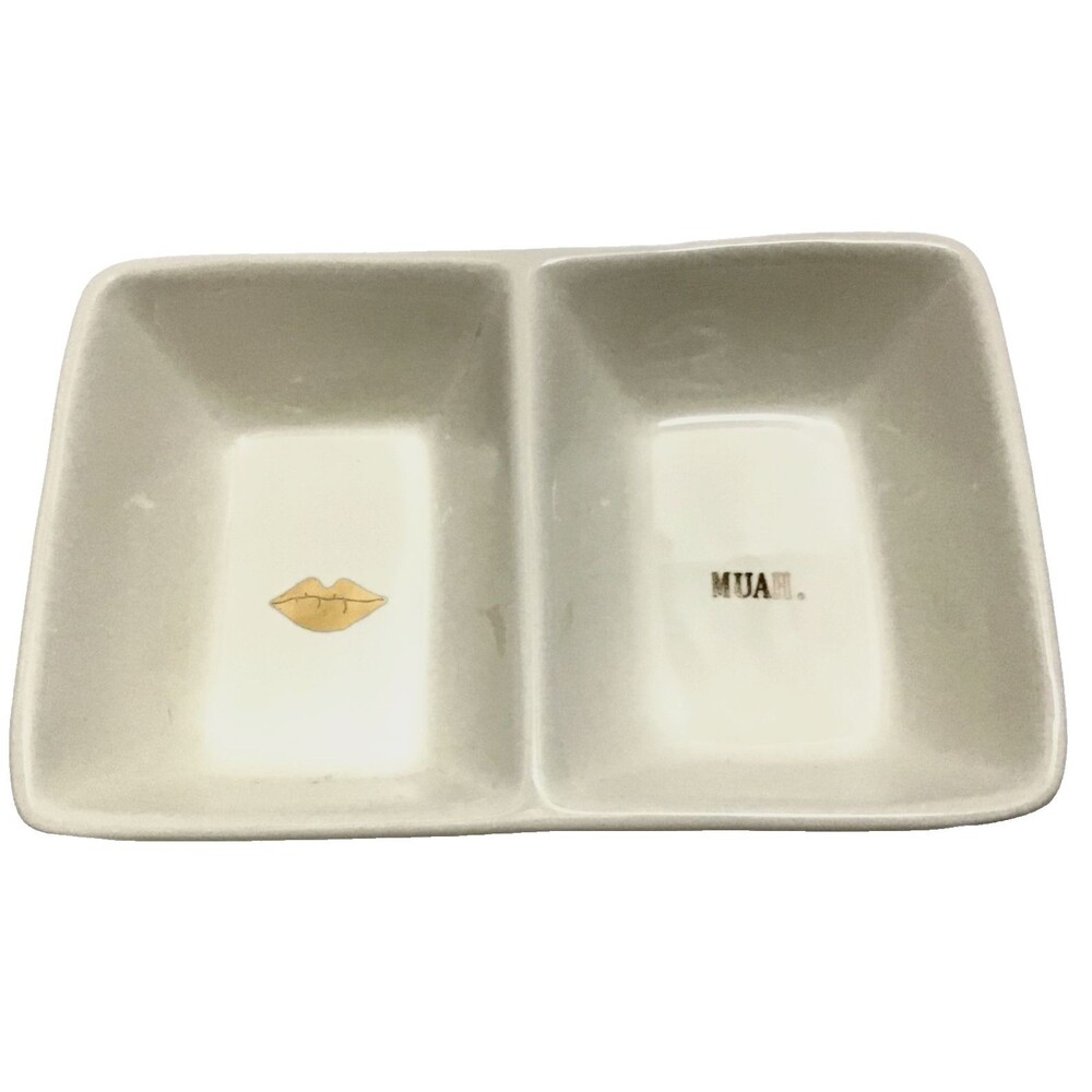 Rae Dunn divided trinket dish rectangle gold muah lips artisan magenta